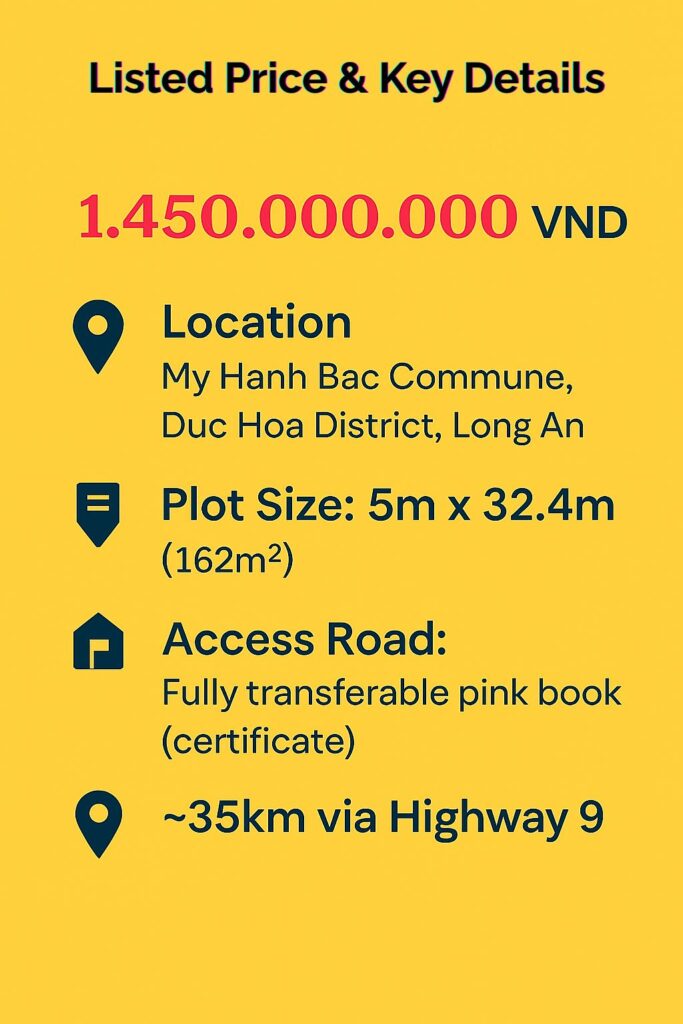 Price and details card for residential Plot No.430 in My Hanh Bac, Long An