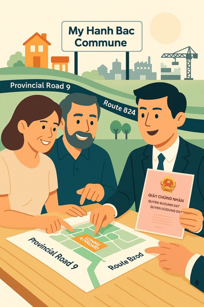Discussion of My Hanh Land plot price with legal documents and development plan at My Hanh Bac Commune, near Provincial Road 9 and Route 824